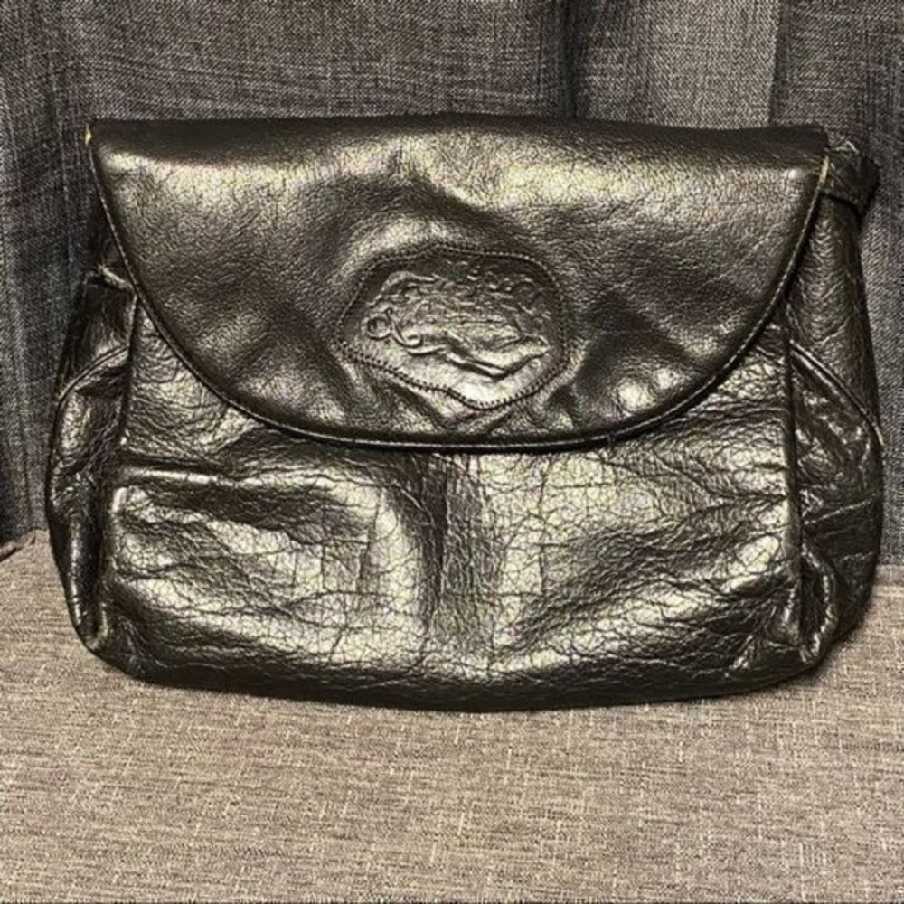 Vintage Carlos Falchi‎ crossbody purse, Black leather with appliqué logo.